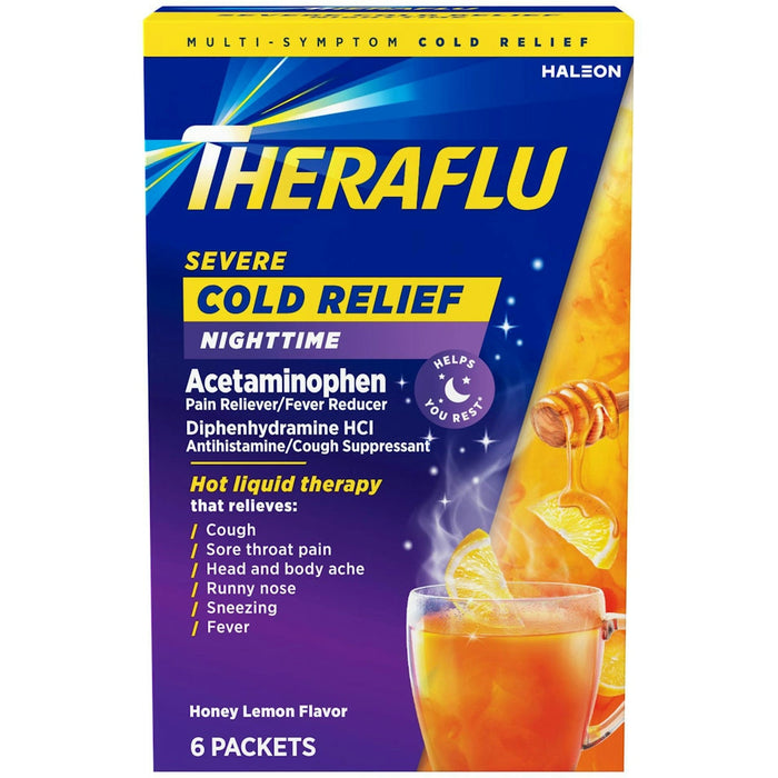 Theraflu Hot Liquid Therapy Severe Cold Relief Nighttime Packets Honey Lemon 6Ct by Pasteur Pharmacy