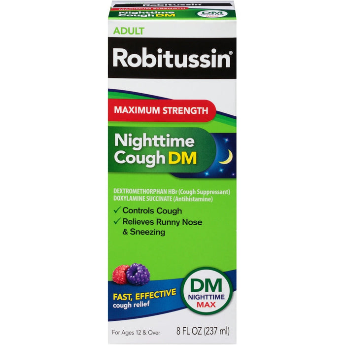 Robitussin Maximum Strength Nighttime Cough DM Max, Adult Formula, Berry Flavor - 8 Fl Oz Bottle by Pasteur Pharmacy