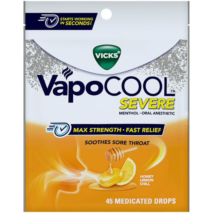 Vicks Vapo Cool Severe Medicated Lozenges, Honey Lemon Chill, 45 Drops – Soothe Sore Throat Pain Caused By Cough by Pasteur Pharmacy