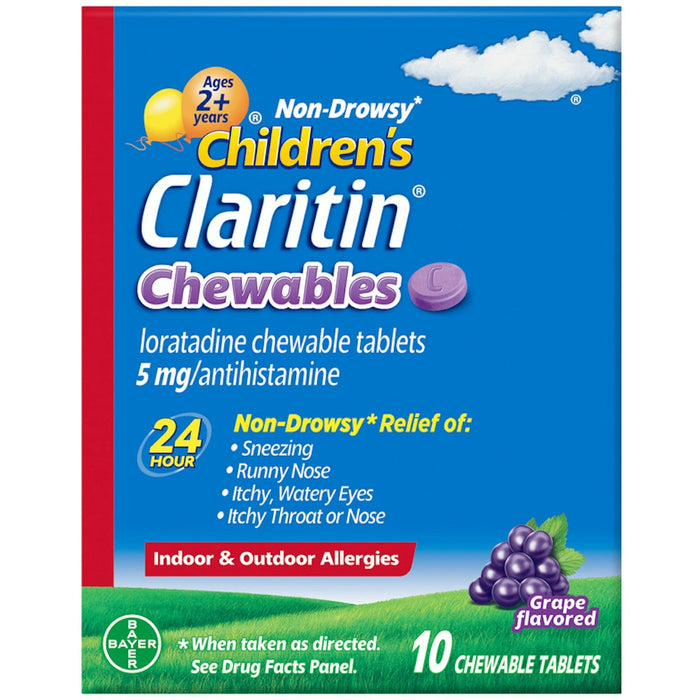 Children's Claritin 24-Hour Non-Drowsy Allergy Relief, 5mg Loratadine, Grape Flavor, 10 Chewable Tablets by Pasteur Pharmacy