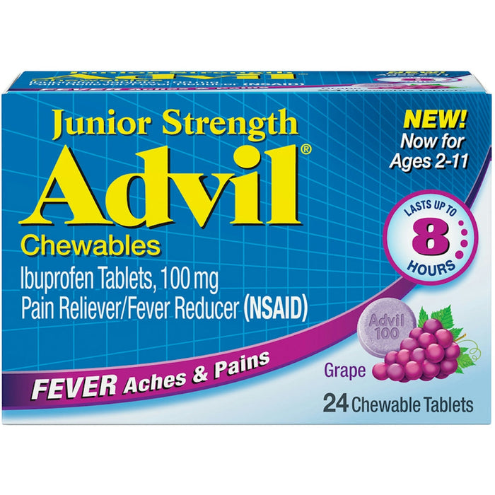 Advil Junior Strength Ibuprofen Fever Reducer Pain Reliever Grape Flavored 100Mg Chewable Tablets by Pasteur Pharmacy