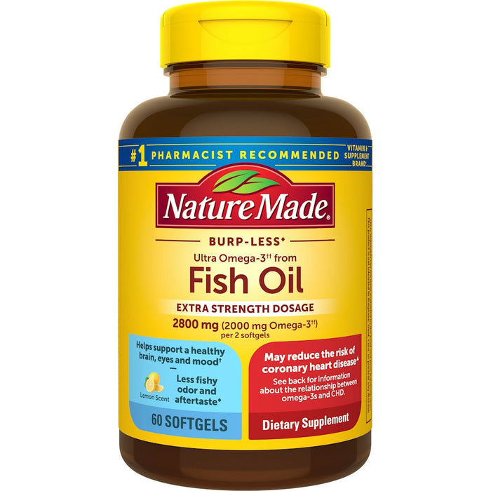 Nature Made Extra Strength Burp-Less Omega 3 Fish Oil 2800 Mg, Helps Support A Healthy Heart, Brain, Eyes, And Mood, 60 Softgels by Pasteur Pharmacy