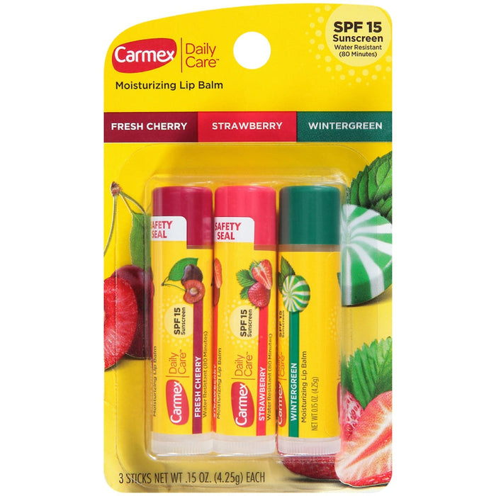 Carmex Daily Care Lip Balm Stick, Assorted Flavors, 3 Count – SPF 15 Moisturizing Lip Protection by Pasteur Pharmacy