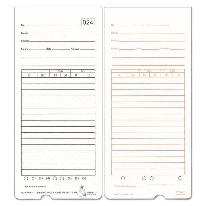 Acroprint Time Clock Cards for Acroprint ATR480, Two Sides, 7.5 x 3.35, 50/Pack