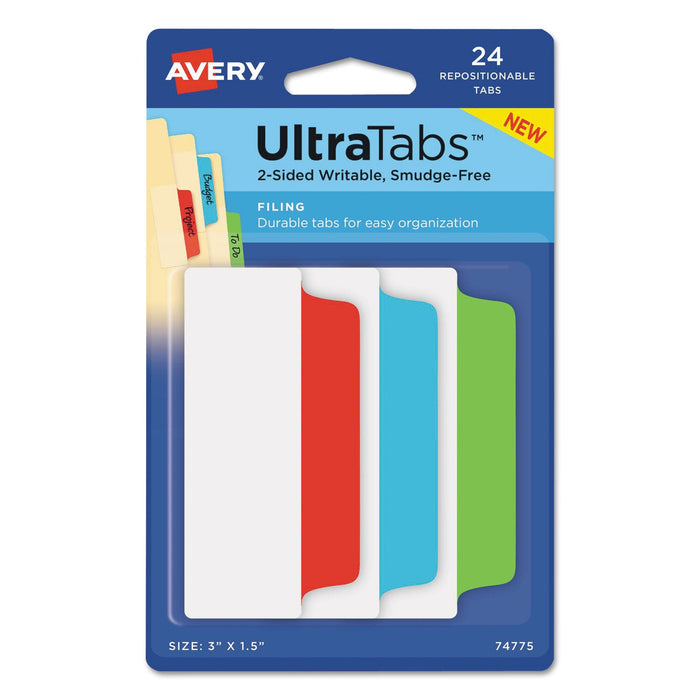 Avery Ultra Tabs Repositionable Tabs, Wide and Slim: 3" x 1.5", 1/3-Cut, Assorted Colors, 24/Pack