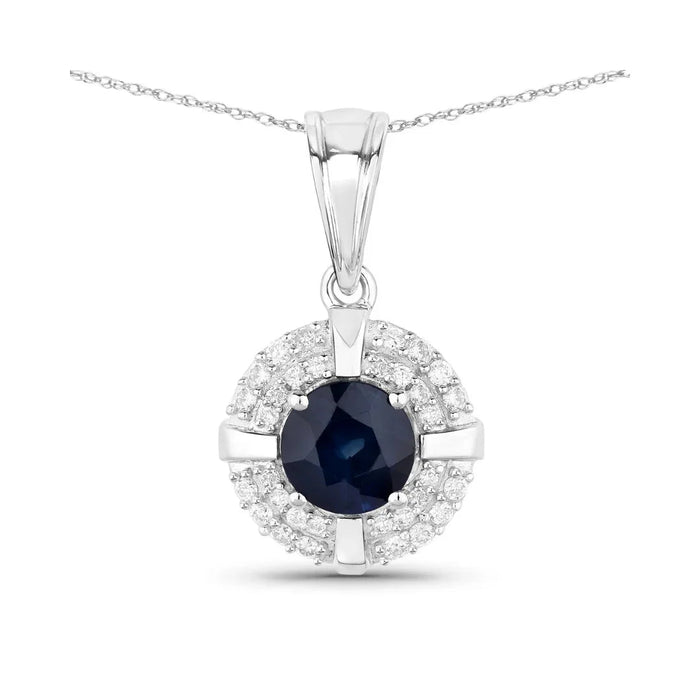 Genuine 10K Blue Sapphire Diamond Halo Pendant by Fine Color Jewels
