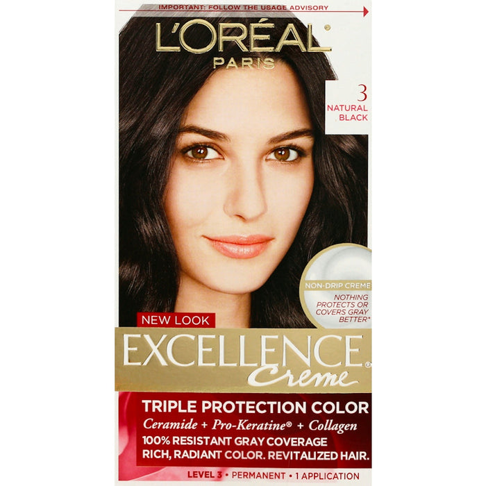 Excellence L'Oreal Paris Créme Permanent Triple Protection Hair Color, 3 Natural Black, 1 Kit by Pasteur Pharmacy