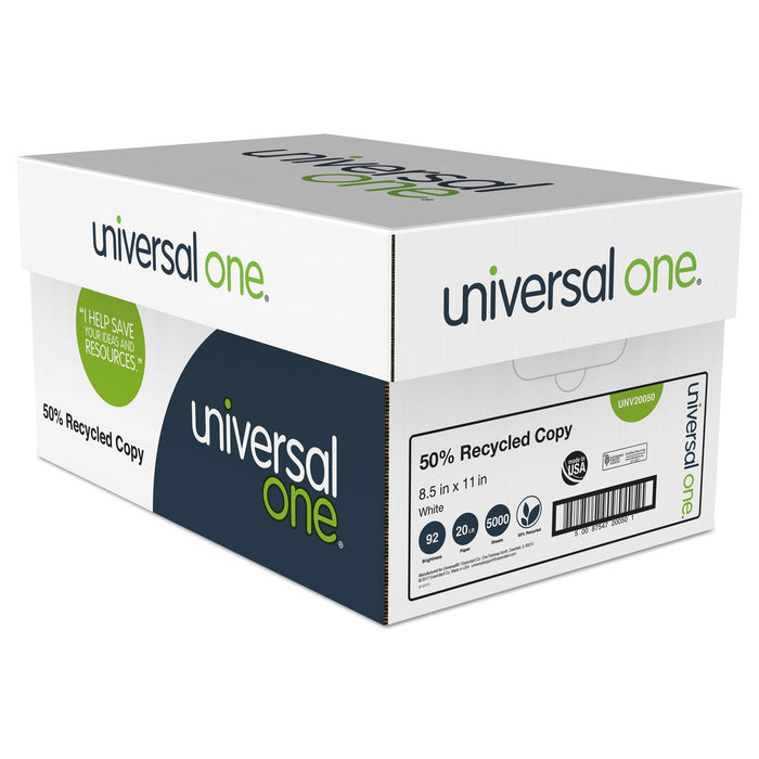 Universal 50% Recycled Copy Paper, 92 Bright, 20 lb Bond Weight, 8.5 x 11, White, 500 Sheets/Ream, 10 Reams/Carton