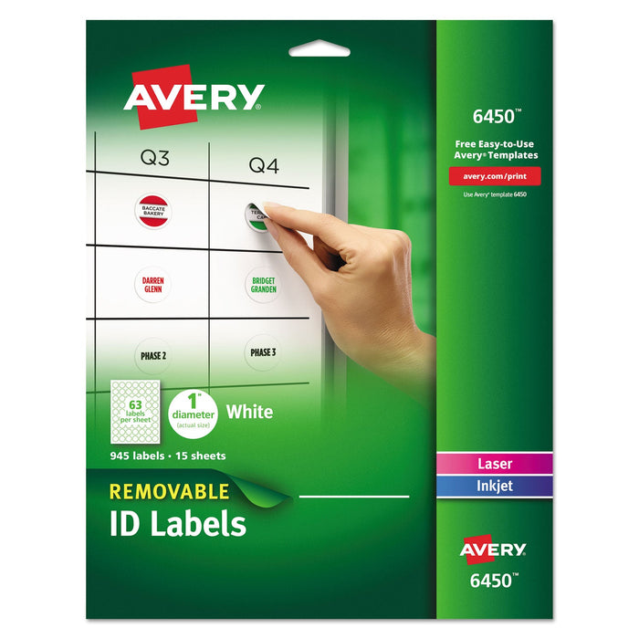 Avery Removable Multi-Use Labels, Inkjet/Laser Printers, 1" dia, White, 63/Sheet, 15 Sheets/Pack