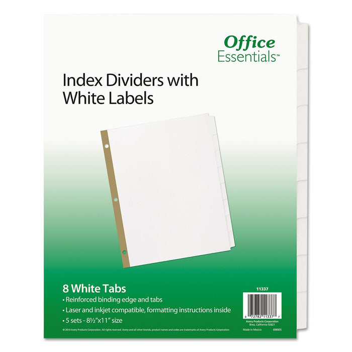 Office Essentials Index Dividers with White Labels, 8-Tab, 11 x 8.5, White, 5 Sets