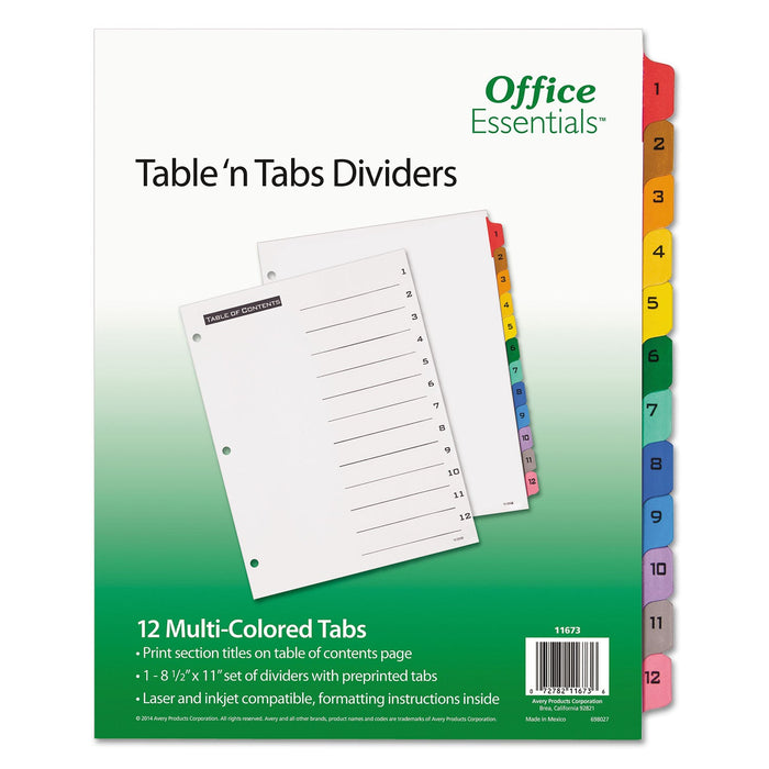 Office Essentials Table 'n Tabs Dividers, 12-Tab, 1 to 12, 11 x 8.5, White, Assorted Tabs, 1 Set