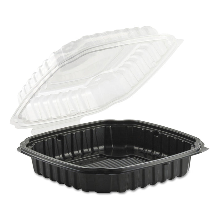 Anchor Packaging Culinary Basics Microwavable Container, 46.5 oz, 10.5 x 9.5 x 2.5, Clear/Black, Plastic, 100/Carton