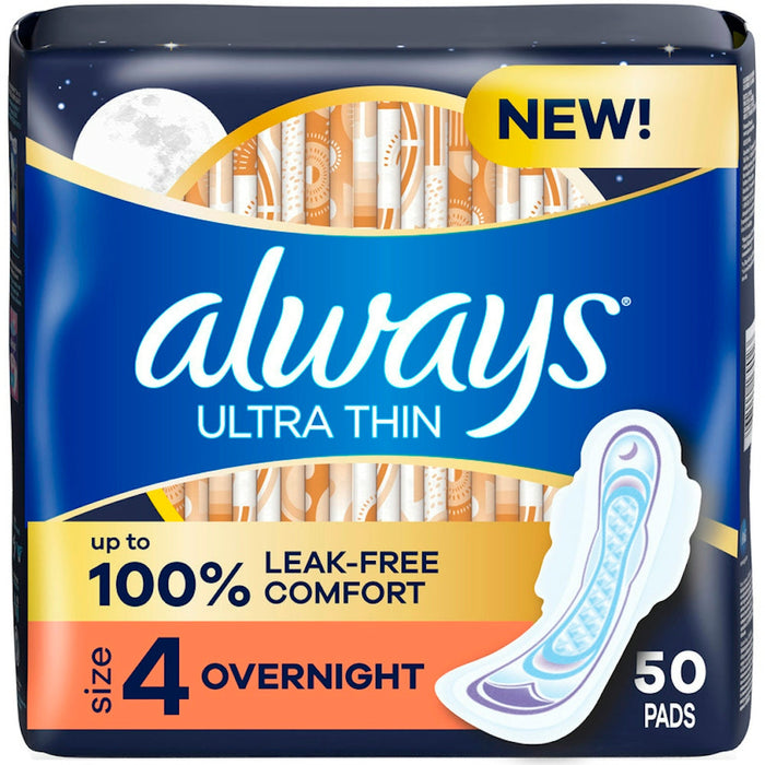 Always Ultra Thin Pads with Wings, Size 4 Overnight, Unscented, 50 Count by Pasteur Pharmacy
