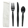 Boardwalk Four-Piece Cutlery Kit, Fork/Knife/Napkin/Teaspoon, Heavyweight, Black, 250/Carton