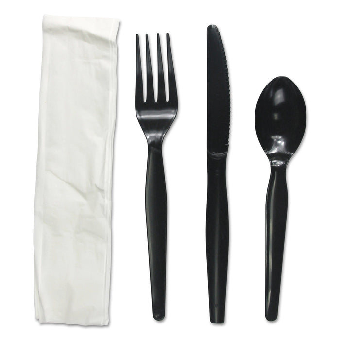 Boardwalk Four-Piece Cutlery Kit, Fork/Knife/Napkin/Teaspoon, Heavyweight, Black, 250/Carton