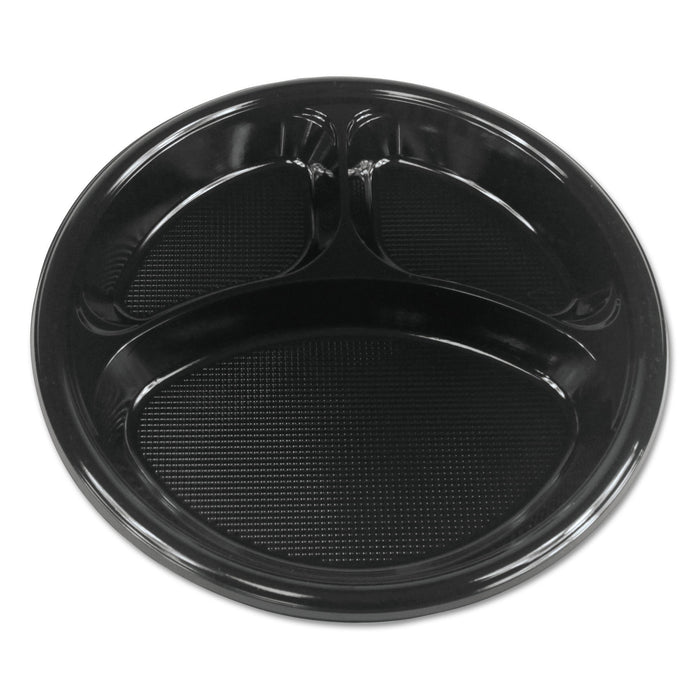 Boardwalk Hi-Impact Plastic Dinnerware, Plate, 3-Compartment, 10" dia, Black, 500/Carton