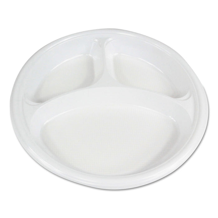 Boardwalk Hi-Impact Plastic Dinnerware, Plate, 3-Compartment, 10" dia, White, 500/Carton
