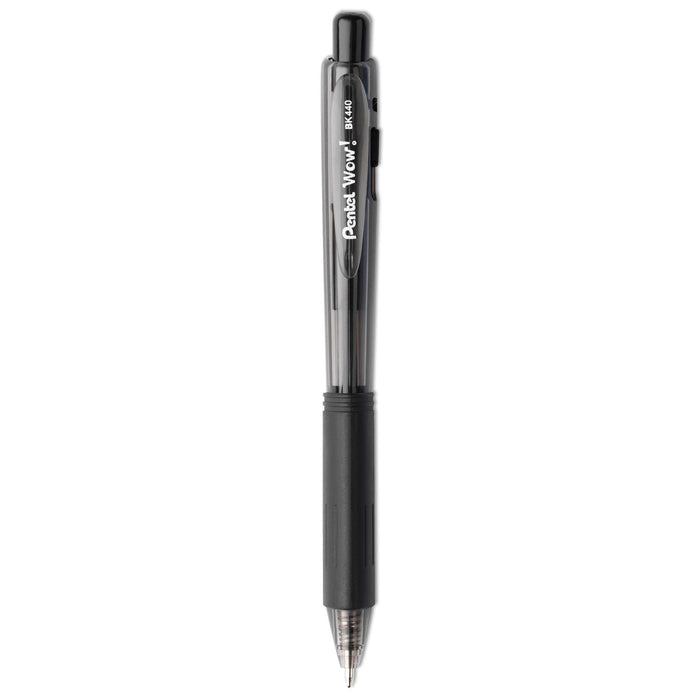 Pentel WOW! Ballpoint Pen, Retractable, Medium 1 mm, Black Ink, Black Barrel, Dozen