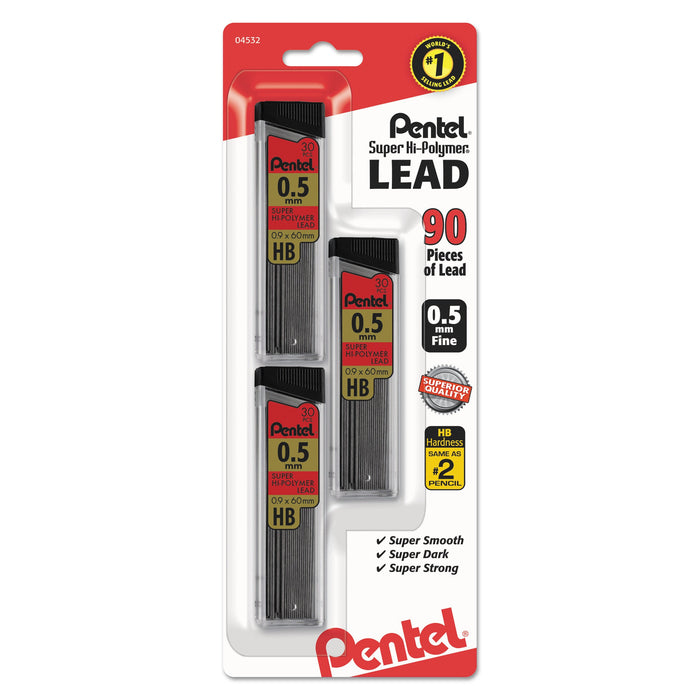 Pentel Super Hi-Polymer Lead Refills, 0.5 mm, HB, Black, 30/Tube, 3 Tubes/Pack