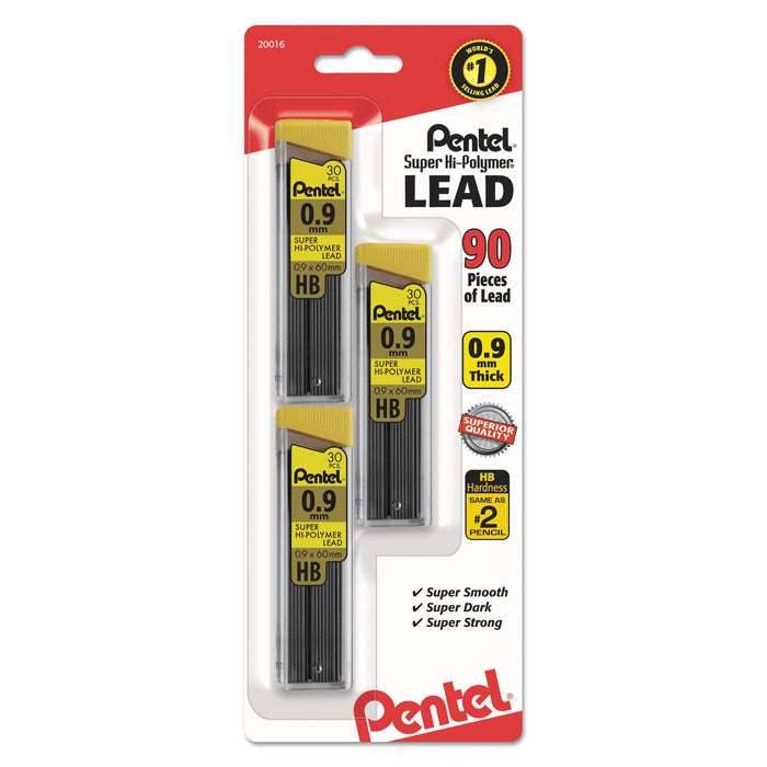 Pentel Super Hi-Polymer Lead Refills, 0.9 mm, HB, Black, 30/Tube, 3 Tubes/Pack