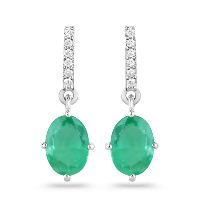 1.44 Ct Oval Green Zambian Emerald Diamond Prong 10K Gold Dangle Earrings by Fine Color Jewels