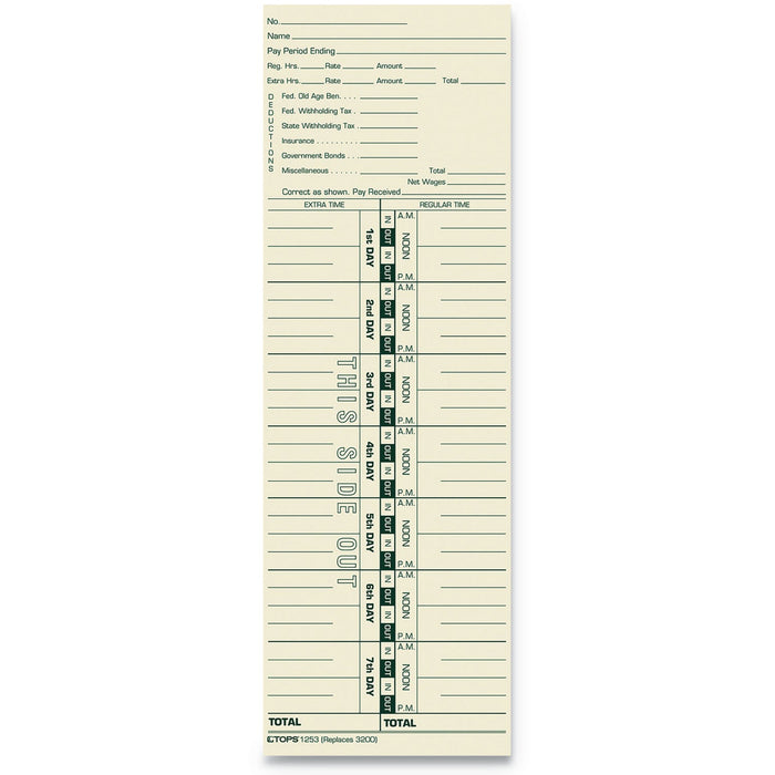 TOPS Time Clock Cards, Replacement for 3200, One Side, 3.5 x 10.5, 500/Box