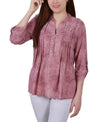 NY Collection Womens 3/4 Roll Tab Sleeve Y-neck Top