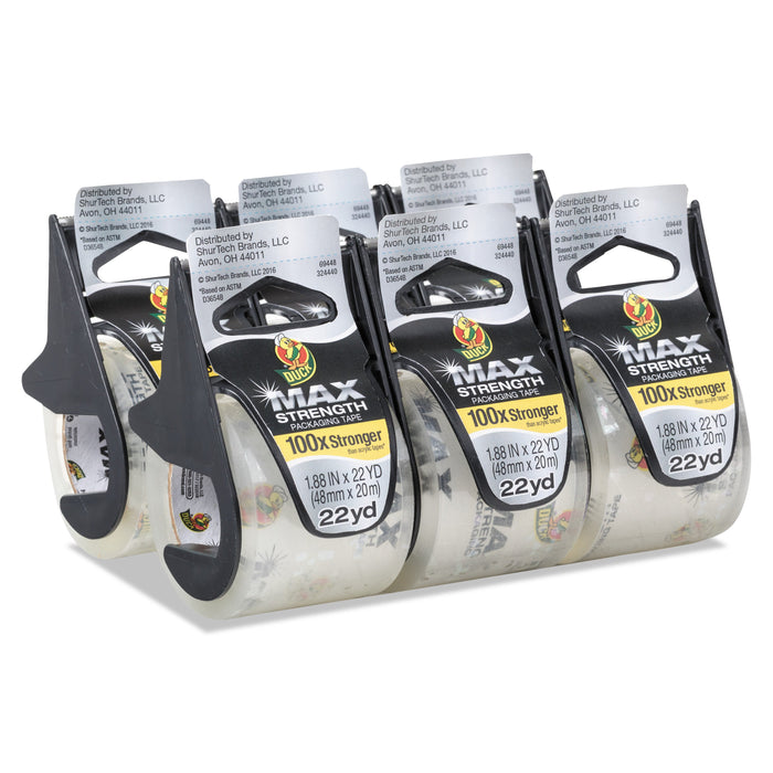 Duck MAX Packaging Tape with Dispenser, 1.5" Core, 1.88" x 22 yds, Crystal Clear, 6/Pack