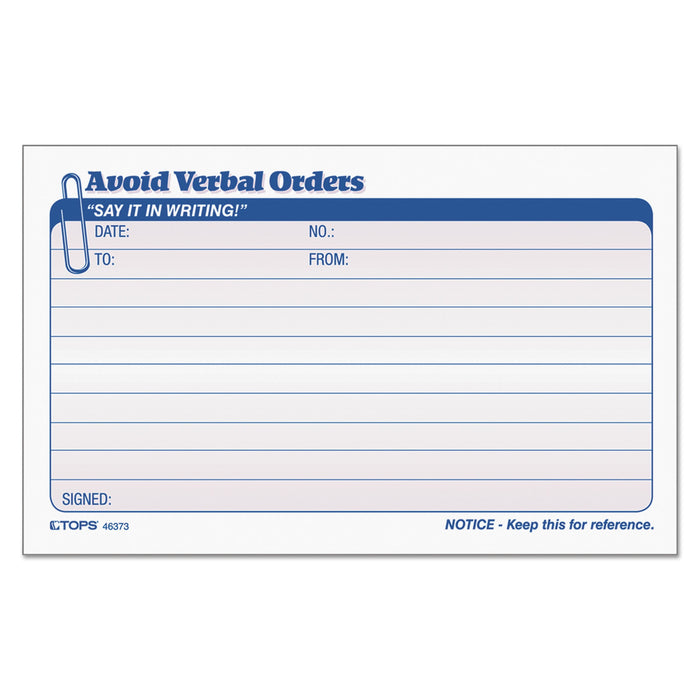 TOPS Avoid Verbal Orders Manifold Book, Two-Part Carbonless, 6.25 x 4.25, 1/Page, 50 Forms