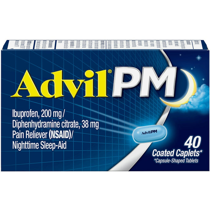Advil PM 40 Count) Pain Reliever / Nighttime Sleep Aid Coated Caplet, 200mg Ibuprofen, 38mg Diphenhydramine by Pasteur Pharmacy