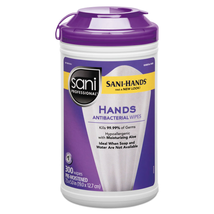 Sani Professional Antibacterial Wipes, 5 x 7.5, White, 300 Wipes/Canister, 6 Canisters/Carton