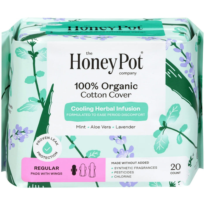 The Honey Pot Company 100% Organic Cotton Cover Cooling Herbal Infusion Regular Pads With Wings by Pasteur Pharmacy
