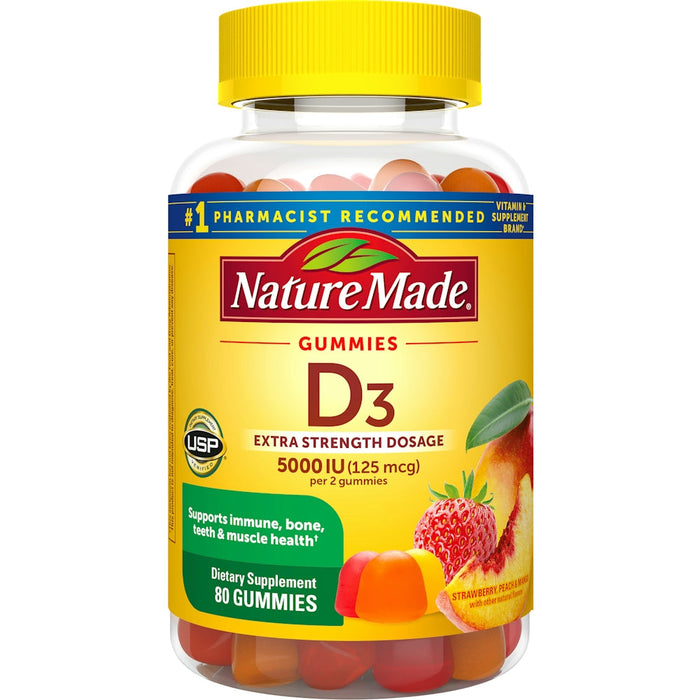 Nature Made Extra Strength Vitamin D3 5000 IU (125 Mcg) Per Serving, Dietary Supplement For Bone, Teeth, Muscle And Immune Health Support, 80 Gummies, 40 Day Supply by Pasteur Pharmacy