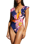 Trina Turk Swim Breeze Ruffle Plunge One Piece / Multicolor, Size 10 by Vanessa Jane