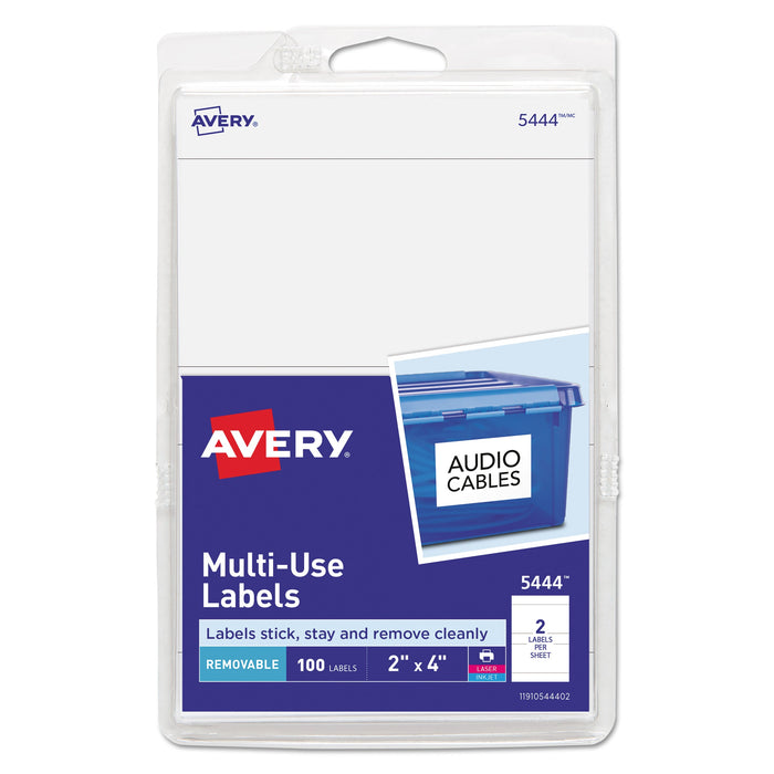 Avery Removable Multi-Use Labels, Inkjet/Laser Printers, 2 x 4, White, 2/Sheet, 50 Sheets/Pack, (5444)