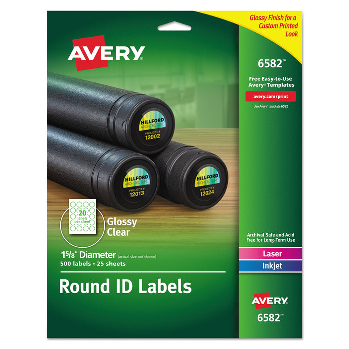 Avery Round Print-to-the Edge Labels with SureFeed and EasyPeel, 1.67" dia, Glossy Clear, 500/PK