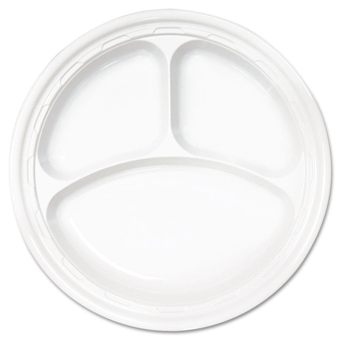 Dart Famous Service Plastic Dinnerware, Plate, 3-Compartment, 10.25" dia, White, 125/Pack, 4 Packs/Carton