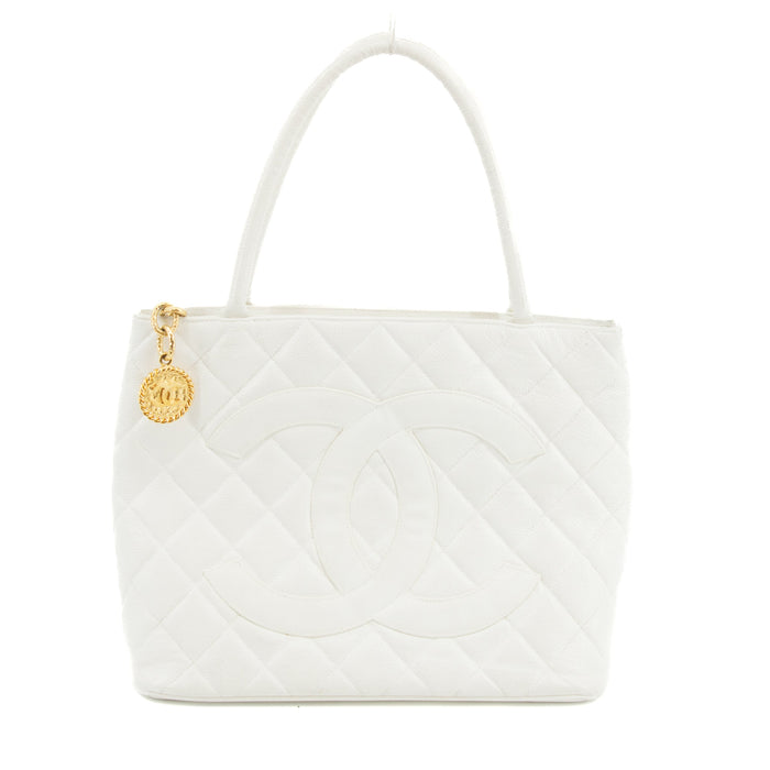 Chanel Caviar Skin Reprint Medallion Tote Bag White 4 Series #3174 by Bolt Boutique