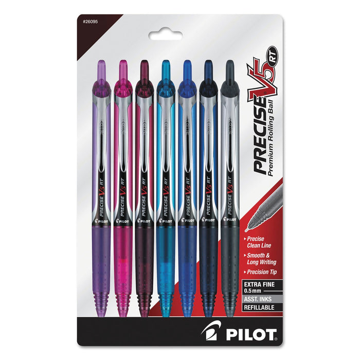 Pilot Precise V5RT Roller Ball Pen, Retractable, Extra-Fine 0.5 mm, Assorted Ink and Barrel Colors, 7/Pack
