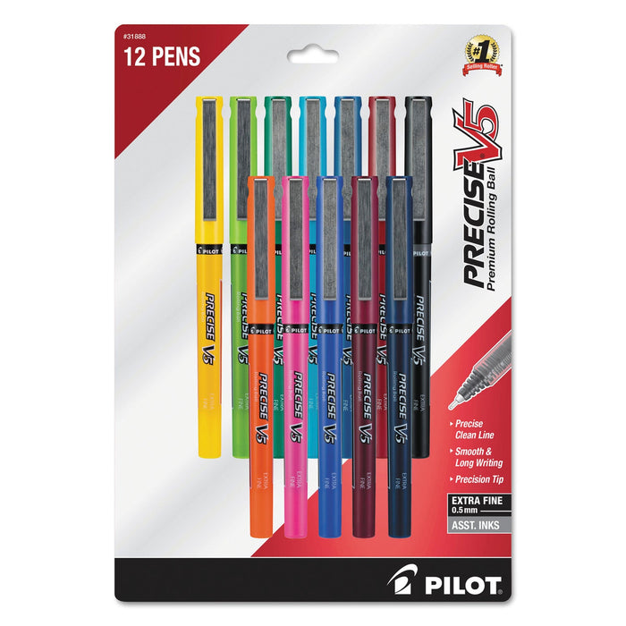 Pilot Precise V5 Roller Ball Pen, Stick, Fine 0.5 mm, Assorted Ink and Barrel Colors, Dozen