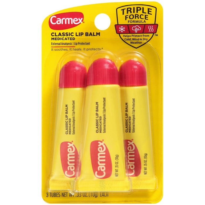 Carmex Lip Balm Tube Classic Medicated 0.35 Ounce 3 Count (10.3ml) by Pasteur Pharmacy