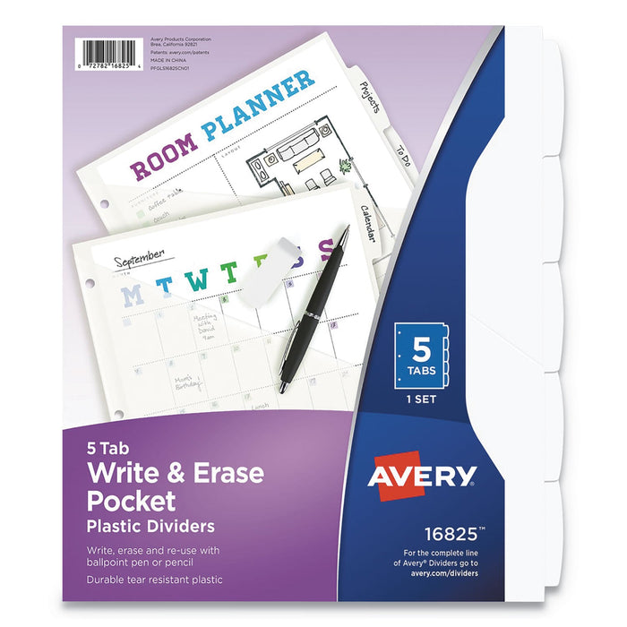 Avery Write and Erase Durable Plastic Dividers with Straight Pocket, 5-Tab, 11.13 x 9.25, White, 1 Set