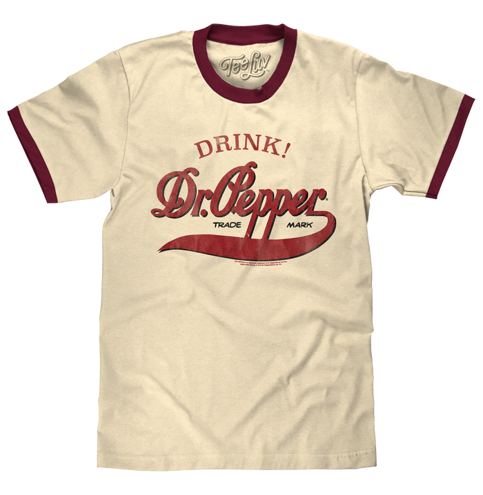 Retro Drink Dr. Pepper Ringer T-Shirt - Beige and Maroon by Tee Luv