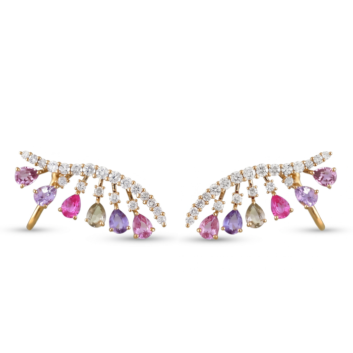 IGI Certified 2.01 Ct Pear Multi Color Unheated Sapphire and Diamond 14K Yellow Gold Ear Crawler Earrings by Fine Color Jewels