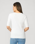 Cable and Gauge White Short Elbow Sleeve Crewneck Sweater, Size Medium by Vanessa Jane