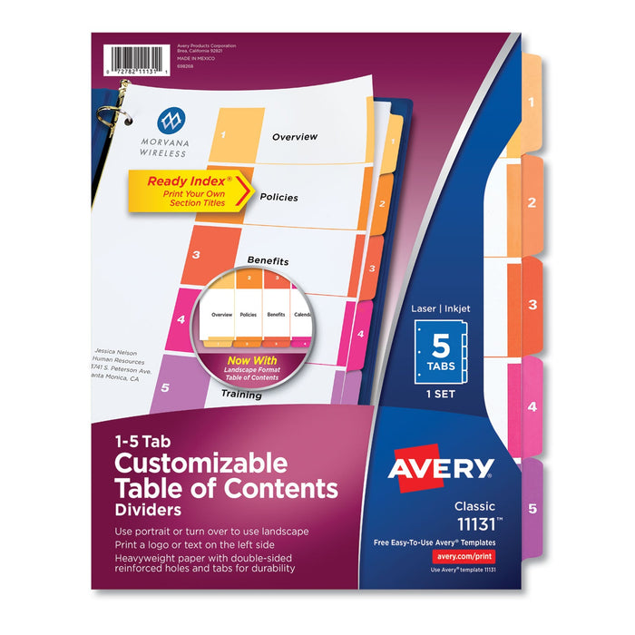 Avery Customizable TOC Ready Index Multicolor Tab Dividers, 5-Tab, 1 to 5, 11 x 8.5, White, Traditional Color Tabs, 1 Set