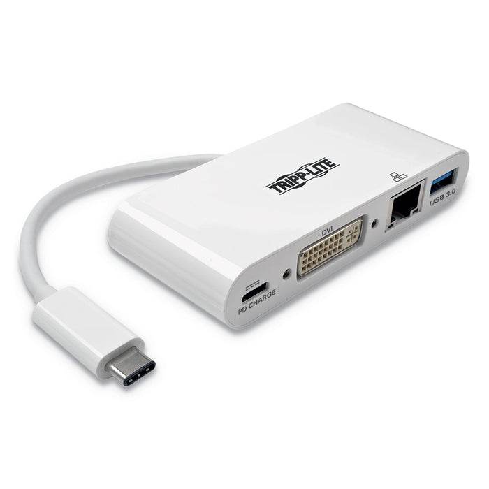 Tripp Lite USB 3.1 Gen 1 USB-C to DVI Adapter, USB-A/USB-C PD Charging/Gigabit Ethernet, 3", White