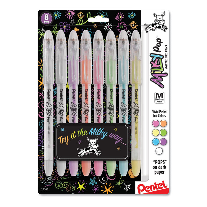 Pentel Milky Pop Gel Pen, Stick, Medium 0.8 mm, Assorted Ink and Barrel Colors, 8/Pack