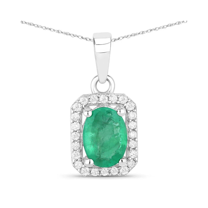 Genuine 10K Zambian Emerald and Diamond Halo Pendant by Fine Color Jewels
