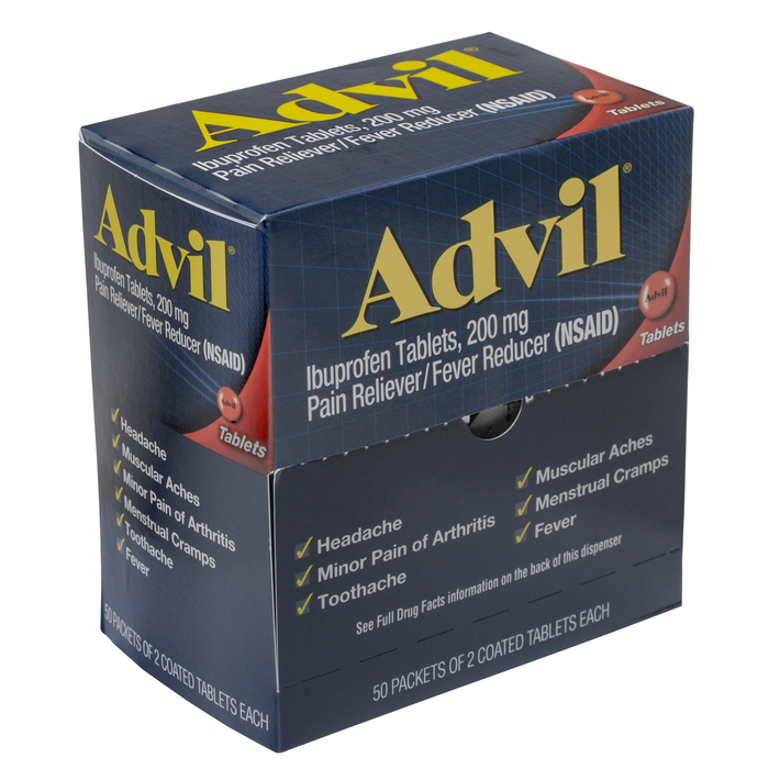 Advil Ibuprofen Tablets, Two-Pack, 50 Packs/Box - Effective Pain Relief by Pasteur Pharmacy